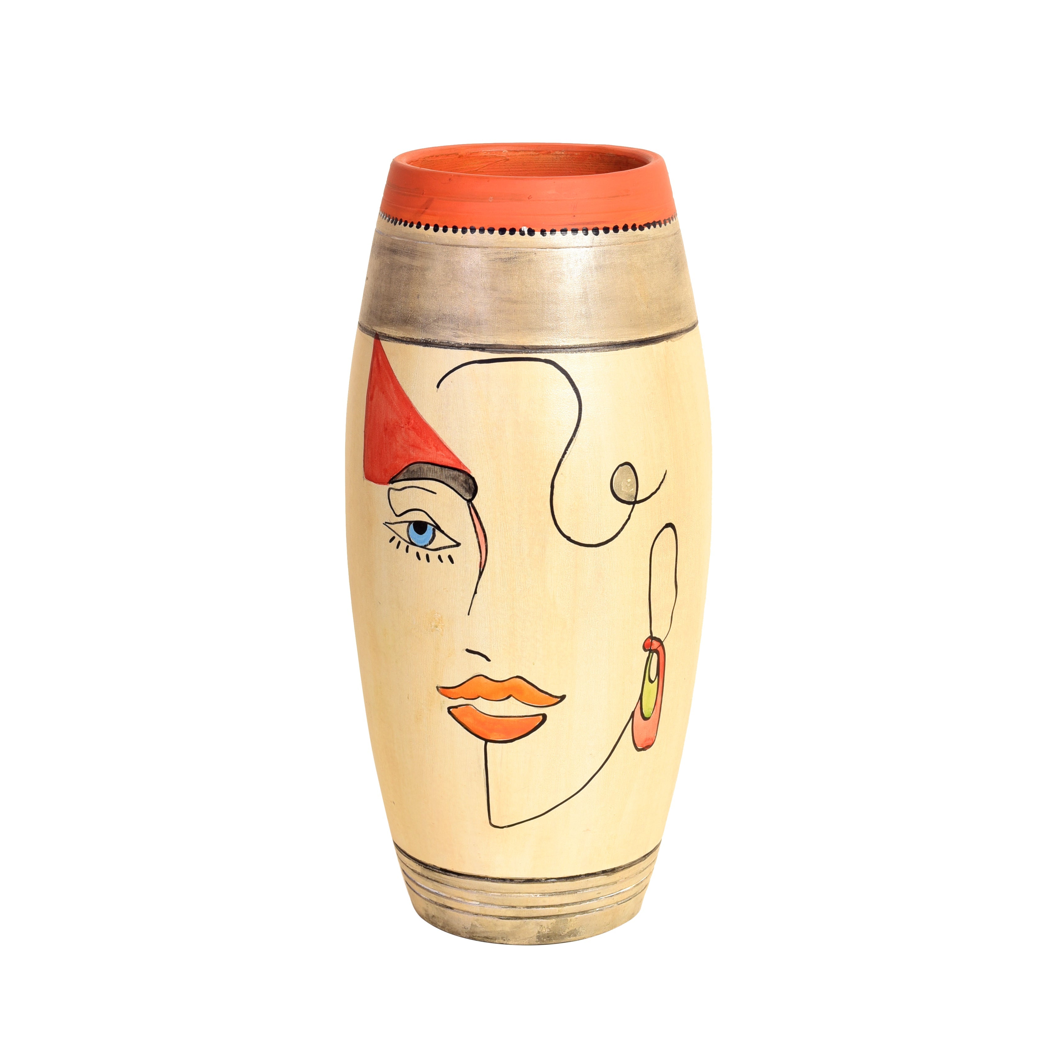Artistic Face Motif Terracotta Jar for Boho Home Décor