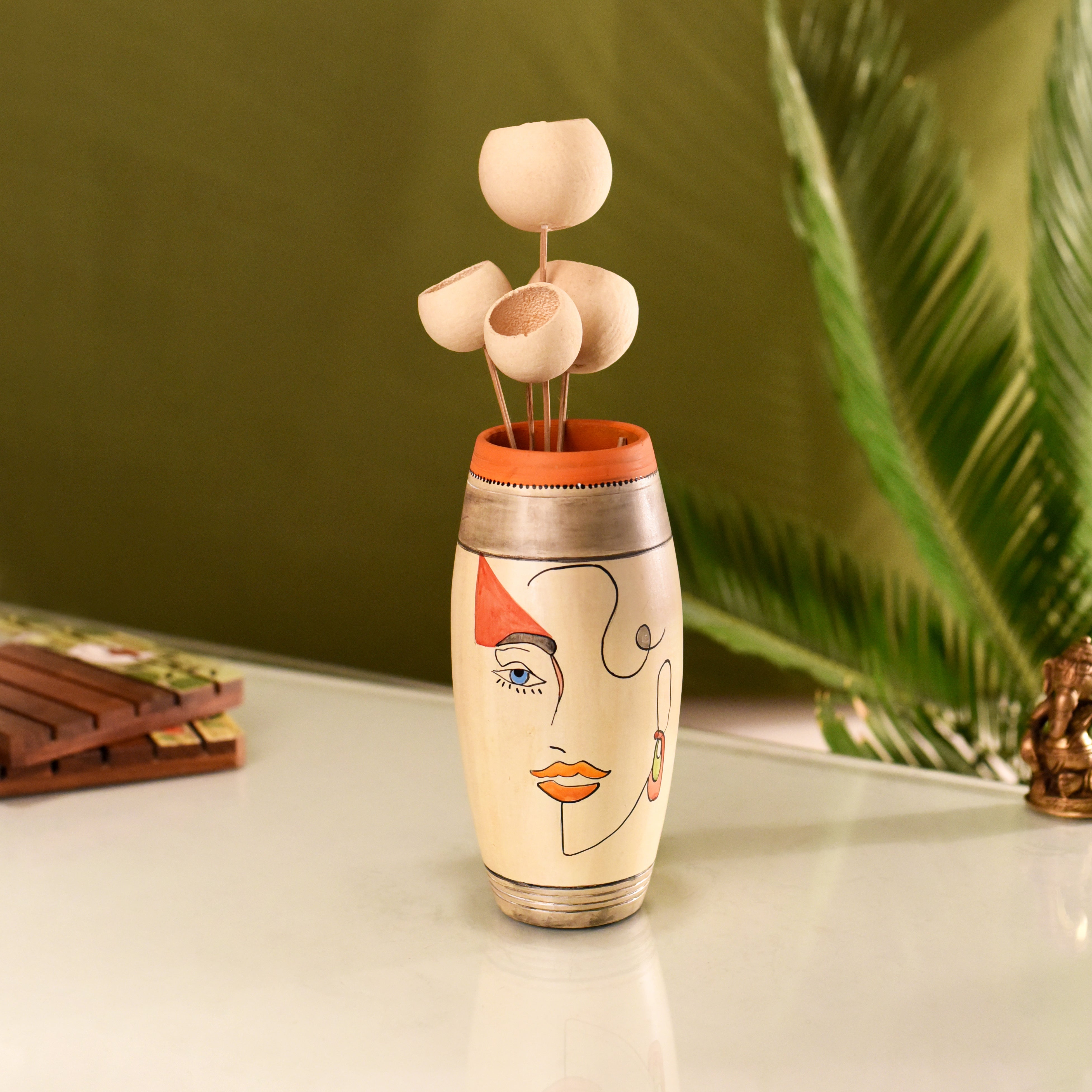 Artistic Face Motif Terracotta Jar for Boho Home Décor