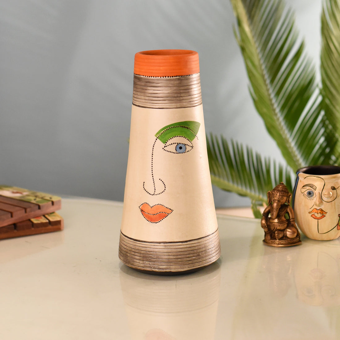 Minimalist Abstract Face Terracotta Pottery Vase for Elegant Spaces
