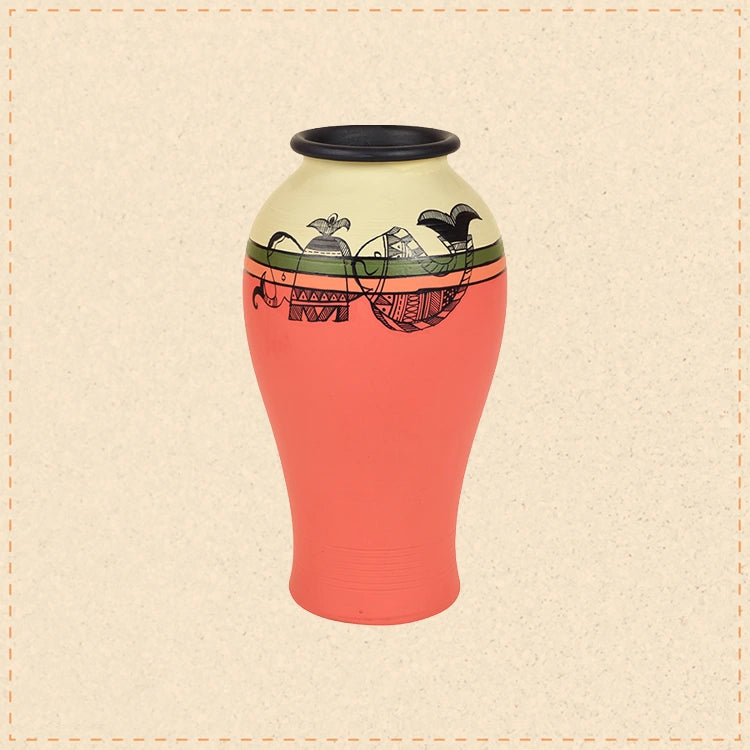 Carrot Red Earthen Vase with Madhubani Tattoo Art