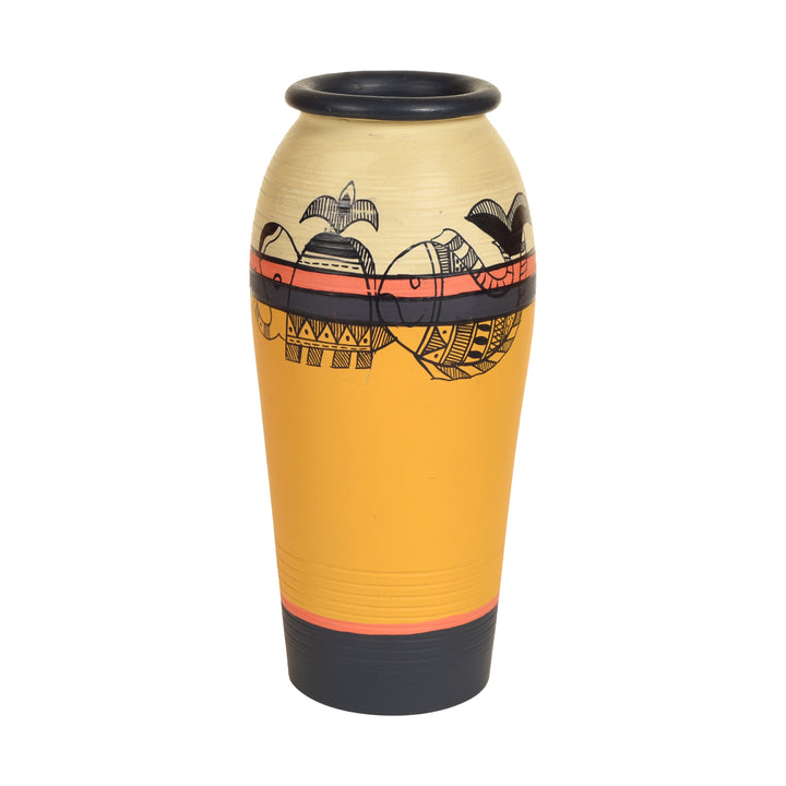 Yellow Earthen Vase with Madhubani Tattoo Art