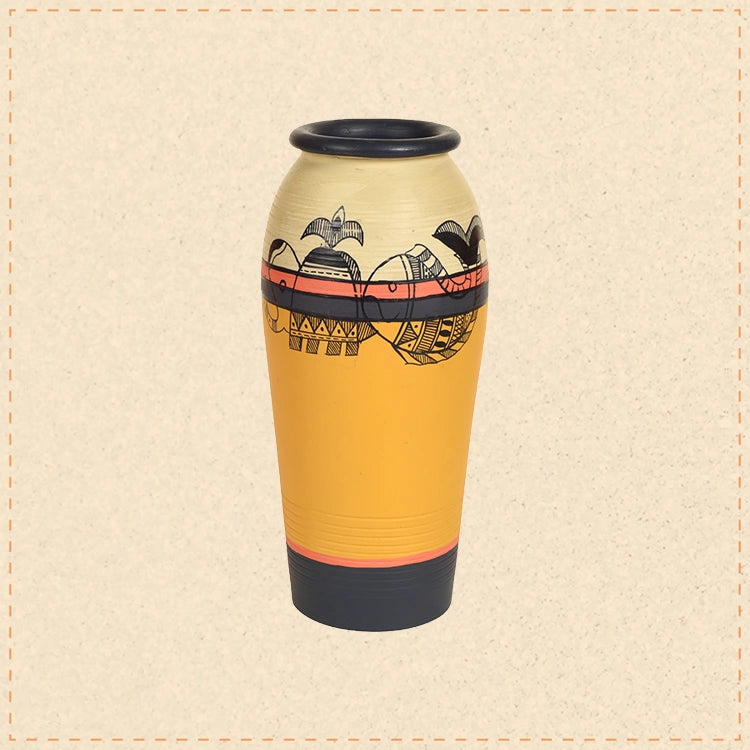 Yellow Earthen Vase with Madhubani Tattoo Art