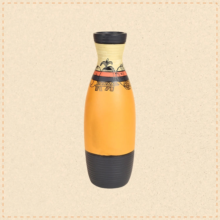 Yellow Earthen Vase with Madhubani Tattoo Art