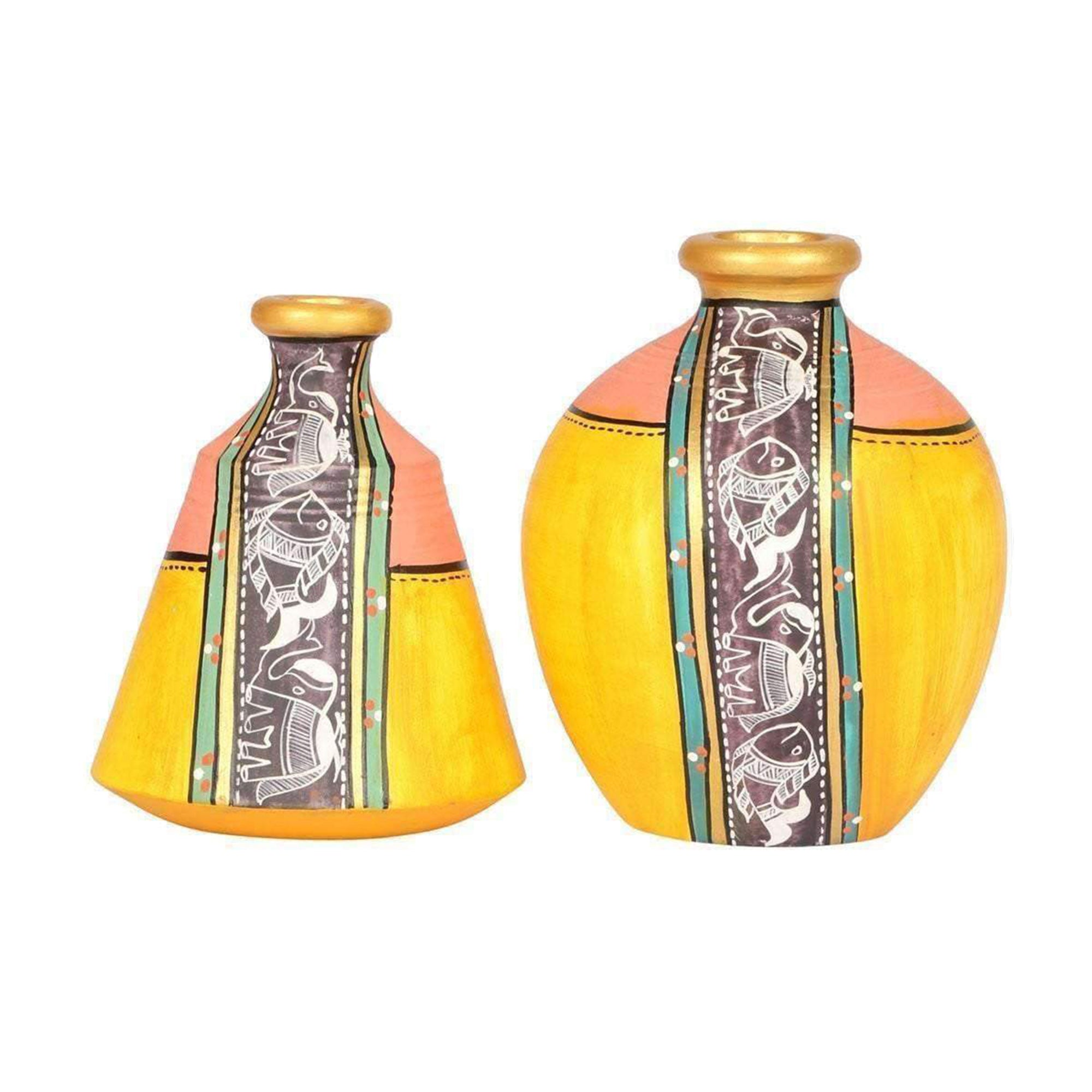 Vase Earthen Yellow Madhubani (Set of 2) (4x3.5/5x3.6)