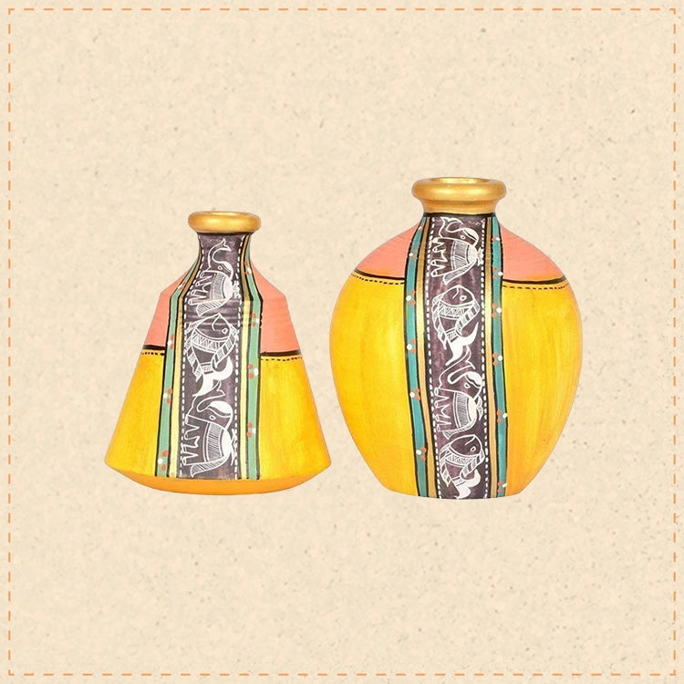 Vase Earthen Yellow Madhubani (Set of 2) (4x3.5/5x3.6)