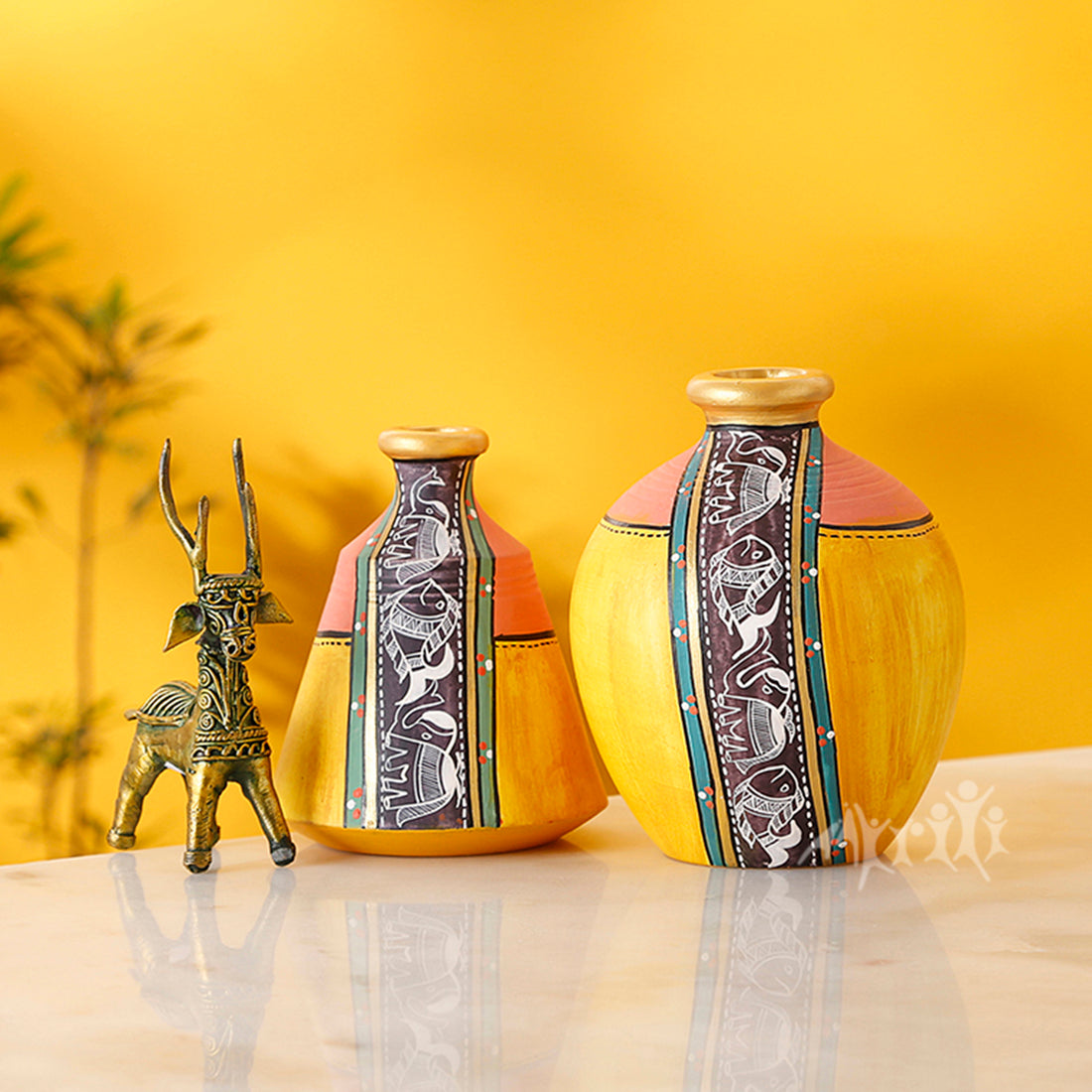 Vase Earthen Yellow Madhubani (Set of 2) (4x3.5/5x3.6)