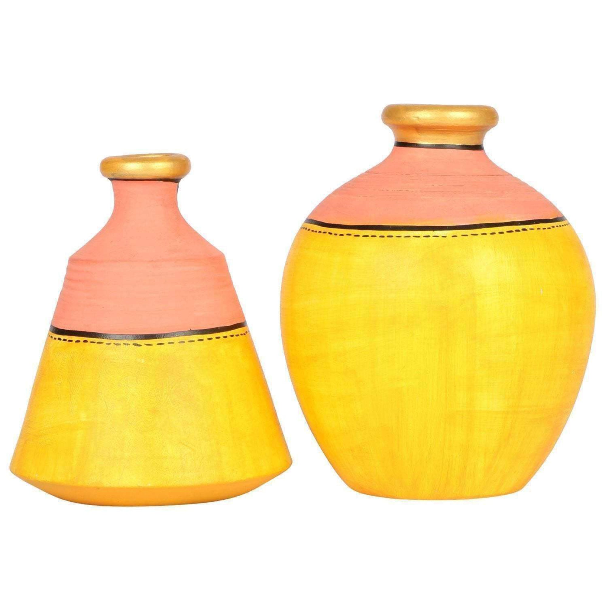 Vase Earthen Yellow Madhubani (Set of 2) (4x3.5/5x3.6)