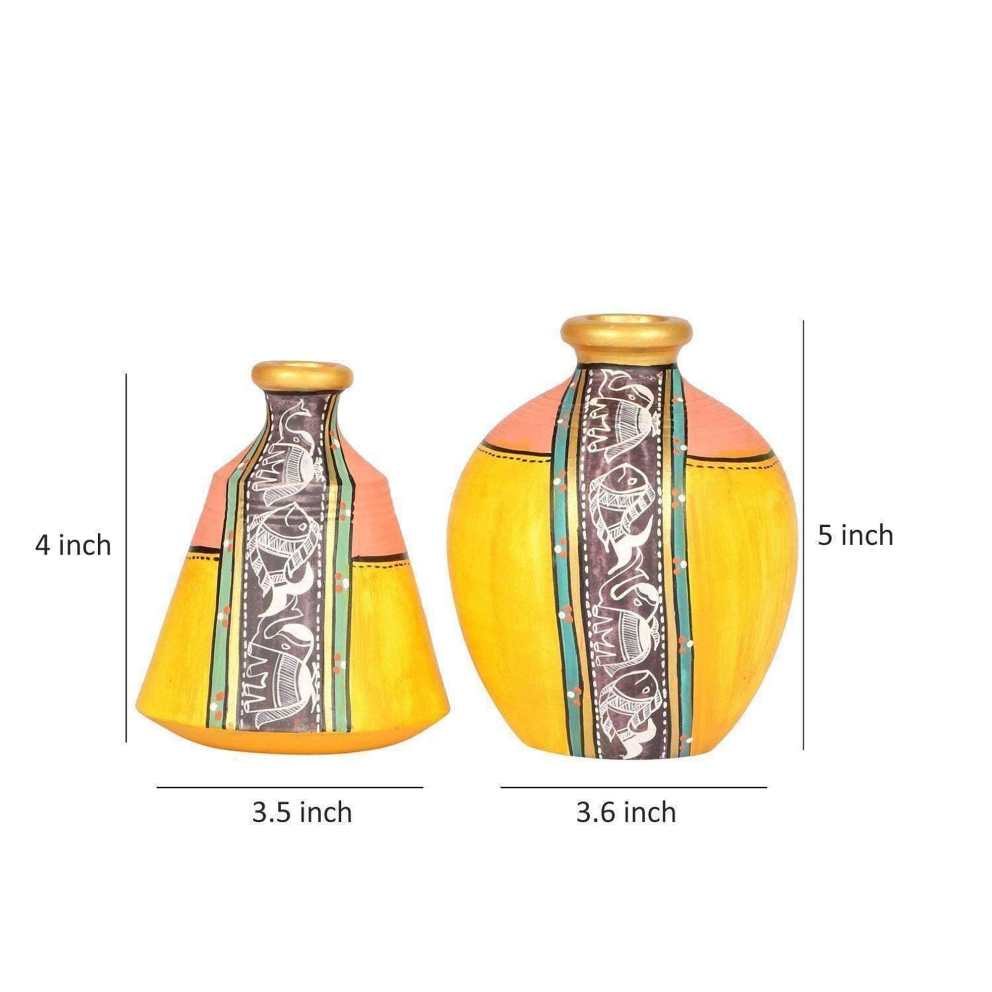Vase Earthen Yellow Madhubani (Set of 2) (4x3.5/5x3.6)