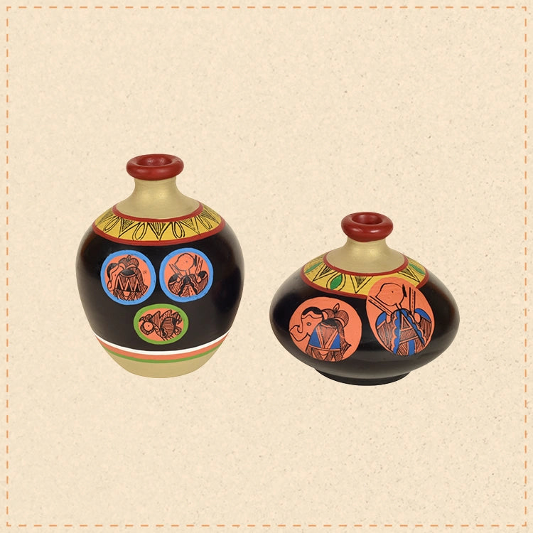 Black Earthen Vases with Madhubani Tattoo Art - So2