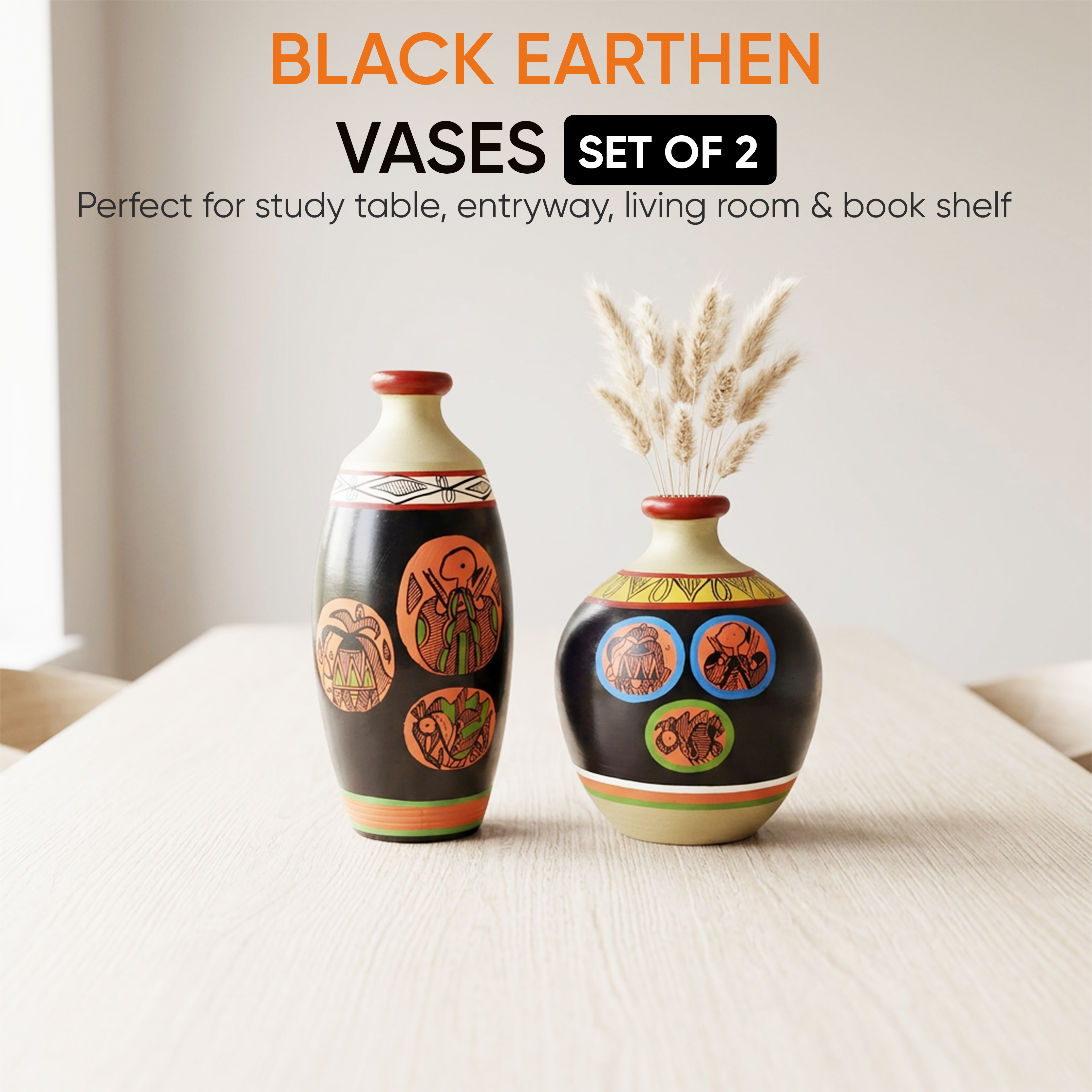 Black Earthen Vases with Madhubani Tattoo Art - So2