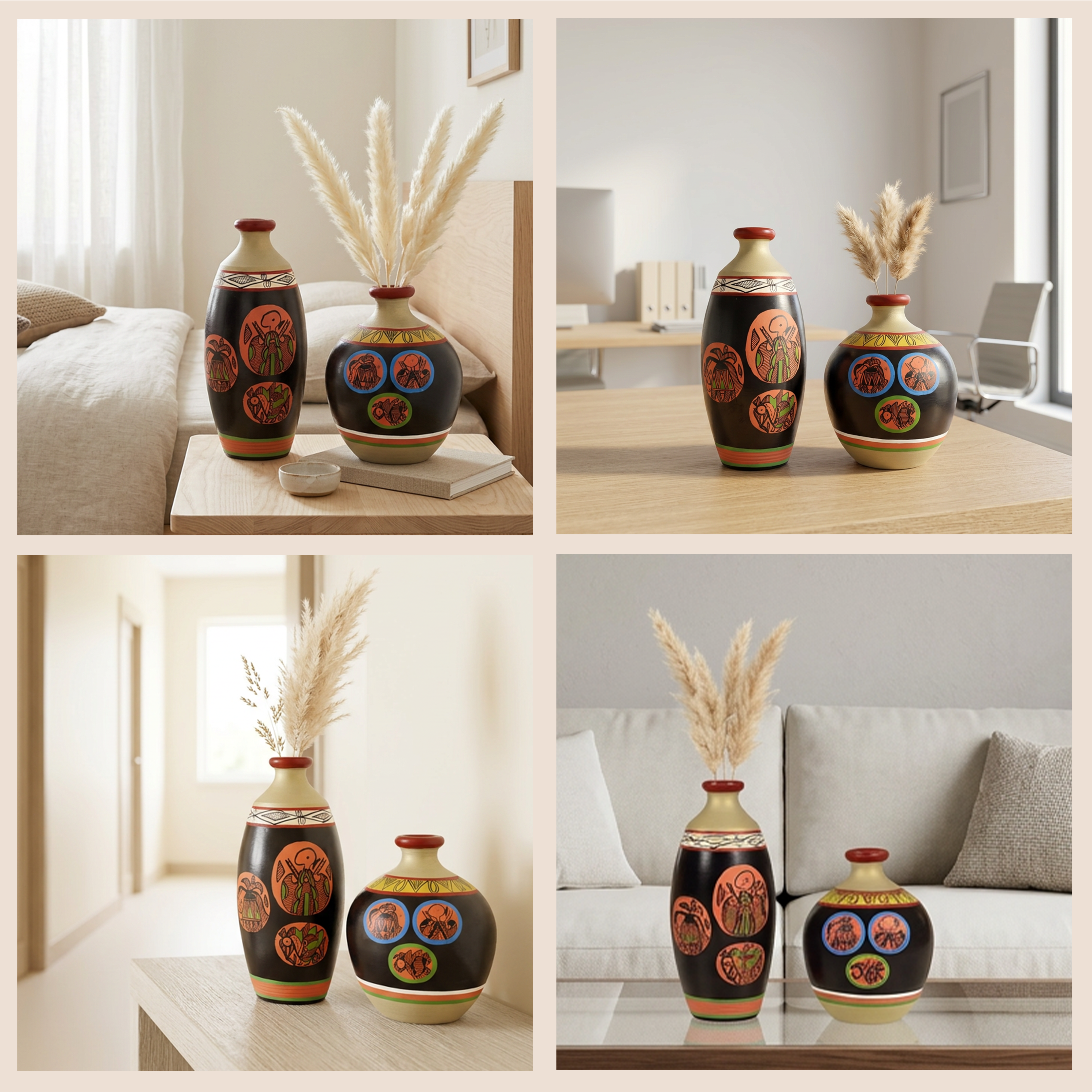 Black Earthen Vases with Madhubani Tattoo Art - So2