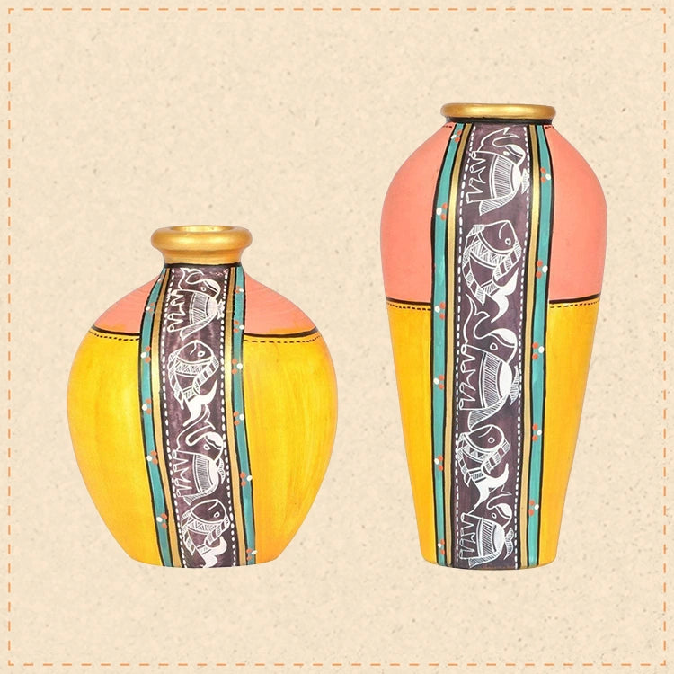 Vase Earthen Yellow Madhubani (Set of 2) (5x3.6/6.7x3.2)
