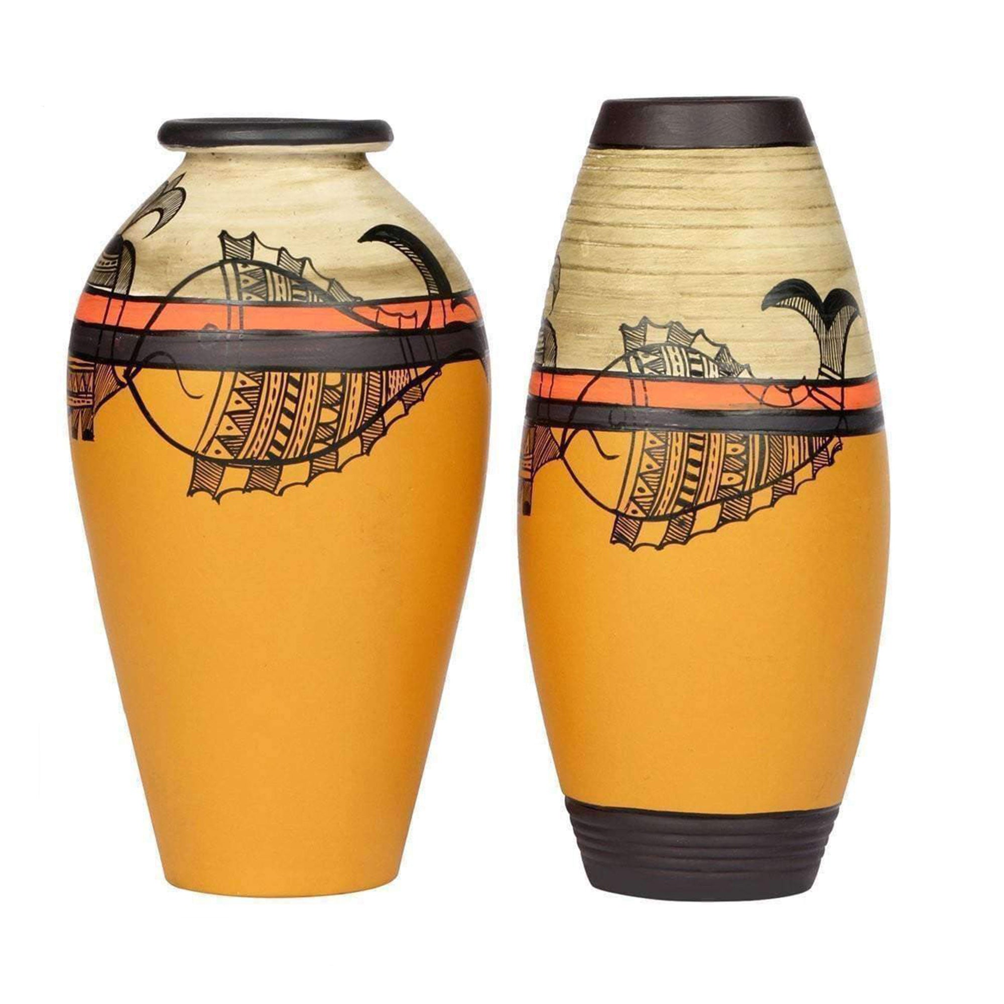Vase Earthen Yellow Madhubani with Fish Motifs (Set of 2) (6.2x3/6.2x3)