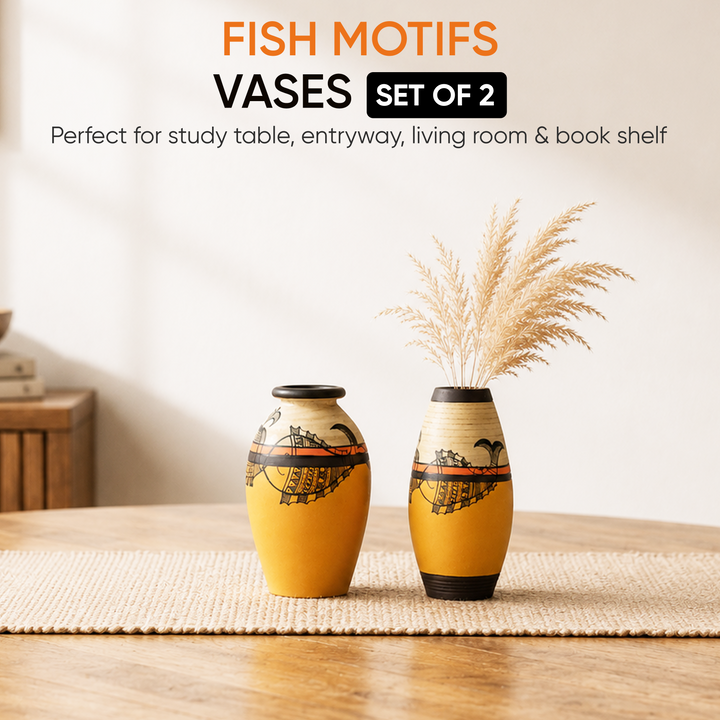 Vase Earthen Yellow Madhubani with Fish Motifs (Set of 2) (6.2x3/6.2x3)