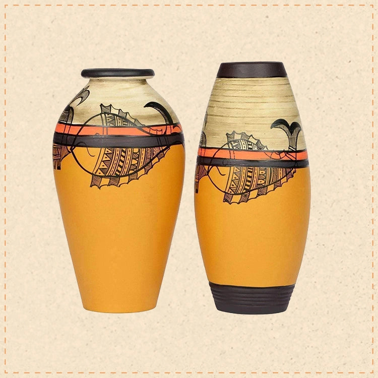 Vase Earthen Yellow Madhubani with Fish Motifs (Set of 2) (6.2x3/6.2x3)