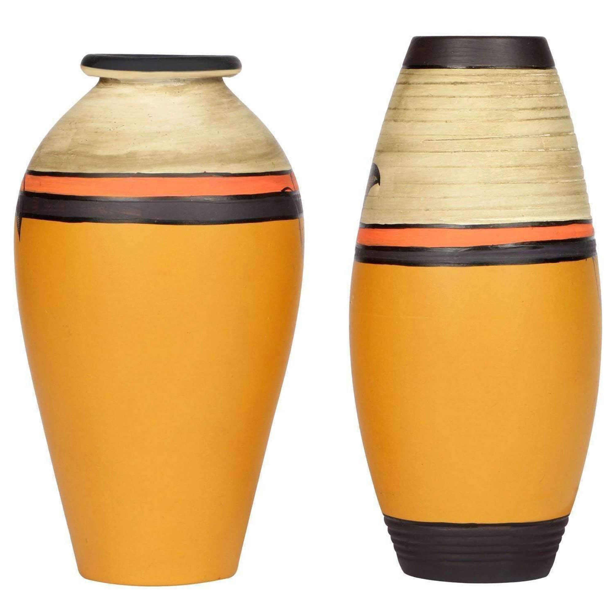 Vase Earthen Yellow Madhubani with Fish Motifs (Set of 2) (6.2x3/6.2x3)