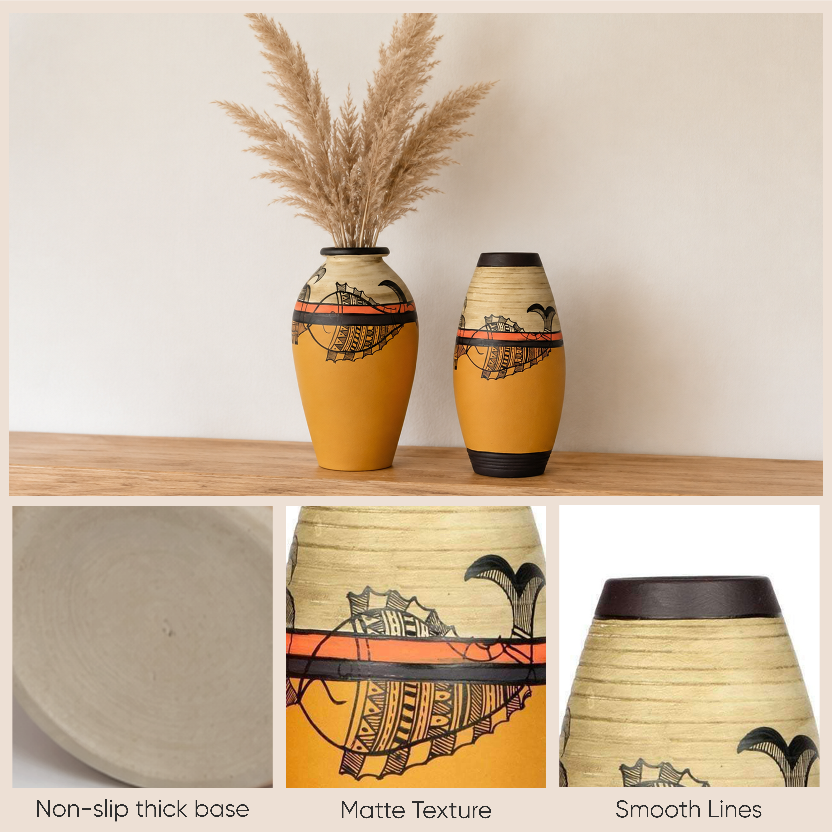 Vase Earthen Yellow Madhubani with Fish Motifs (Set of 2) (6.2x3/6.2x3)