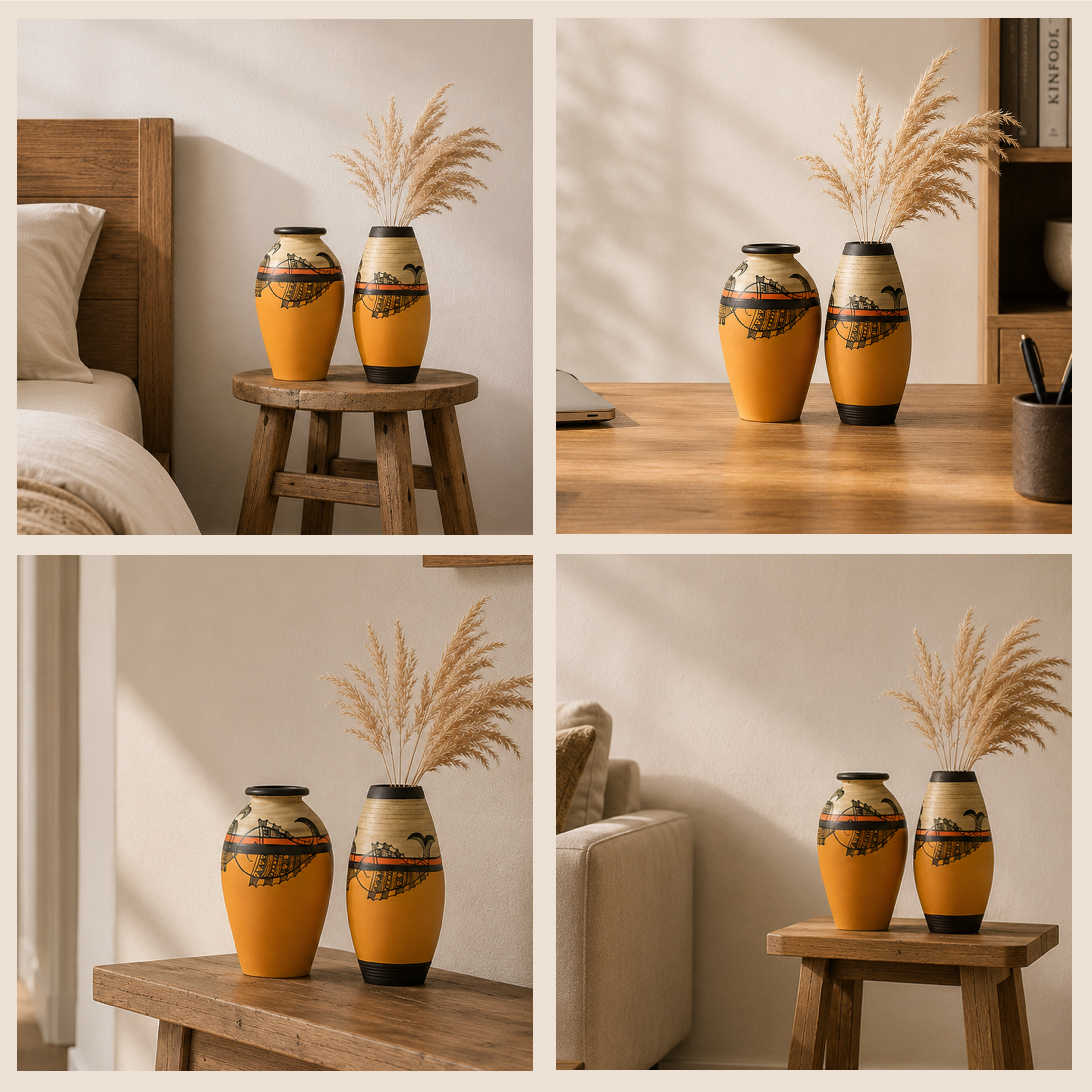 Vase Earthen Yellow Madhubani with Fish Motifs (Set of 2) (6.2x3/6.2x3)