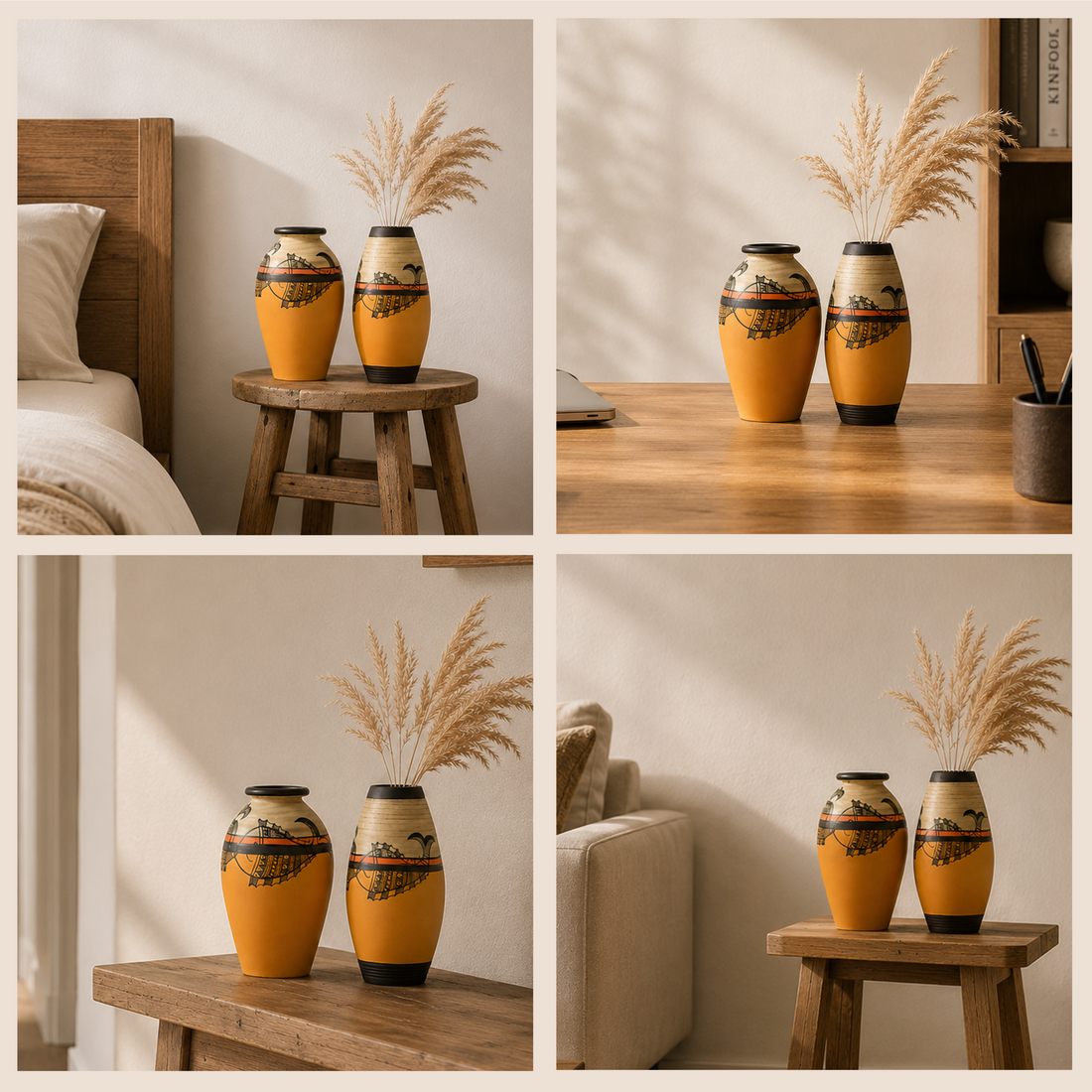 Vase Earthen Yellow Madhubani with Fish Motifs (Set of 2) (6.2x3/6.2x3)