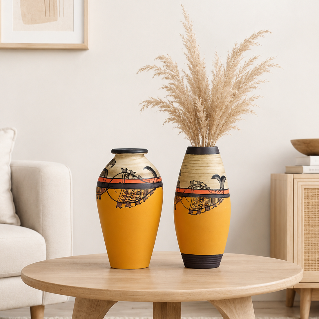 Vase Earthen Yellow Madhubani with Fish Motifs (Set of 2) (6.2x3/6.2x3)