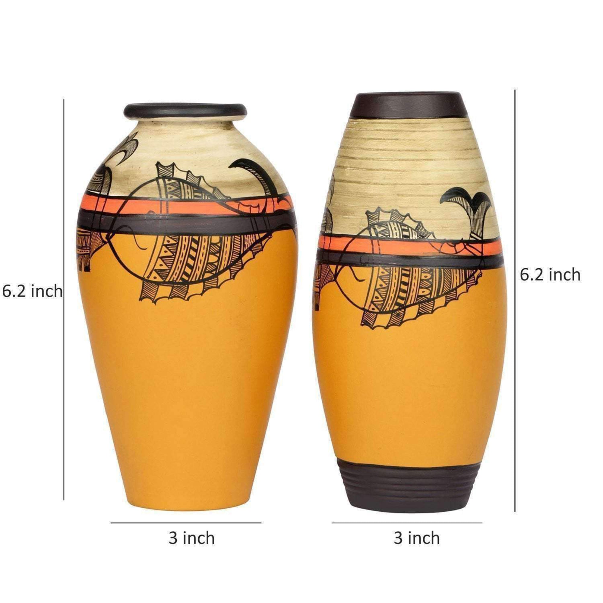 Vase Earthen Yellow Madhubani with Fish Motifs (Set of 2) (6.2x3/6.2x3)