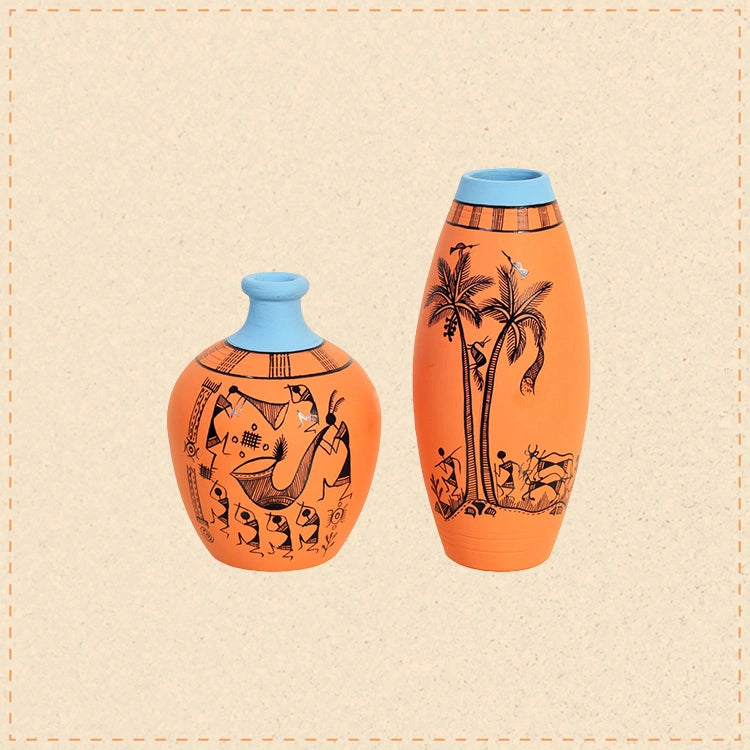 Desert Safari Terracotta Vase Set of 2, Handcrafted Warli Artdecor with Tribal Motifs