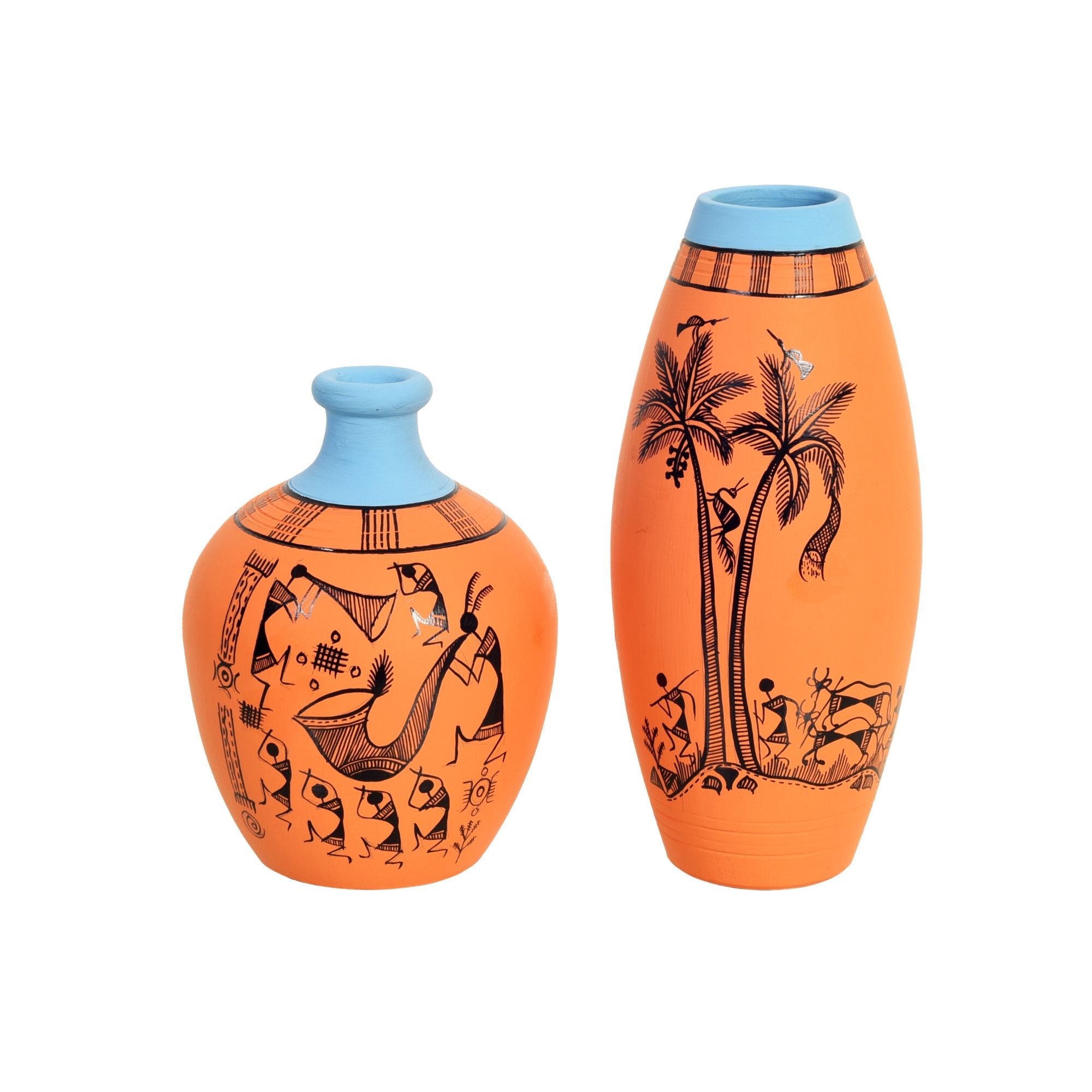 Desert Safari Terracotta Vase Set of 2, Handcrafted Warli Artdecor with Tribal Motifs