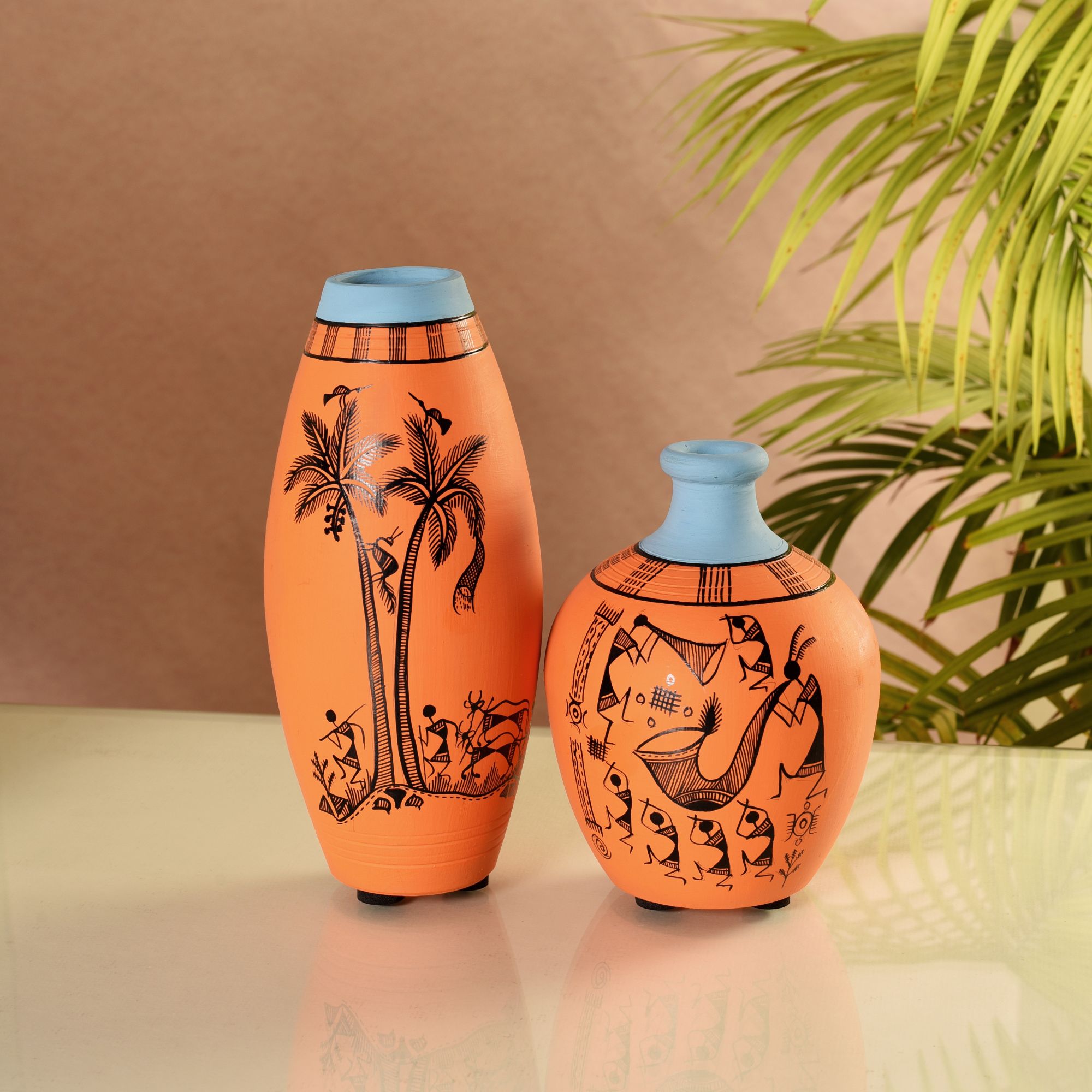 Desert Safari Terracotta Vase Set of 2, Handcrafted Warli Artdecor with Tribal Motifs