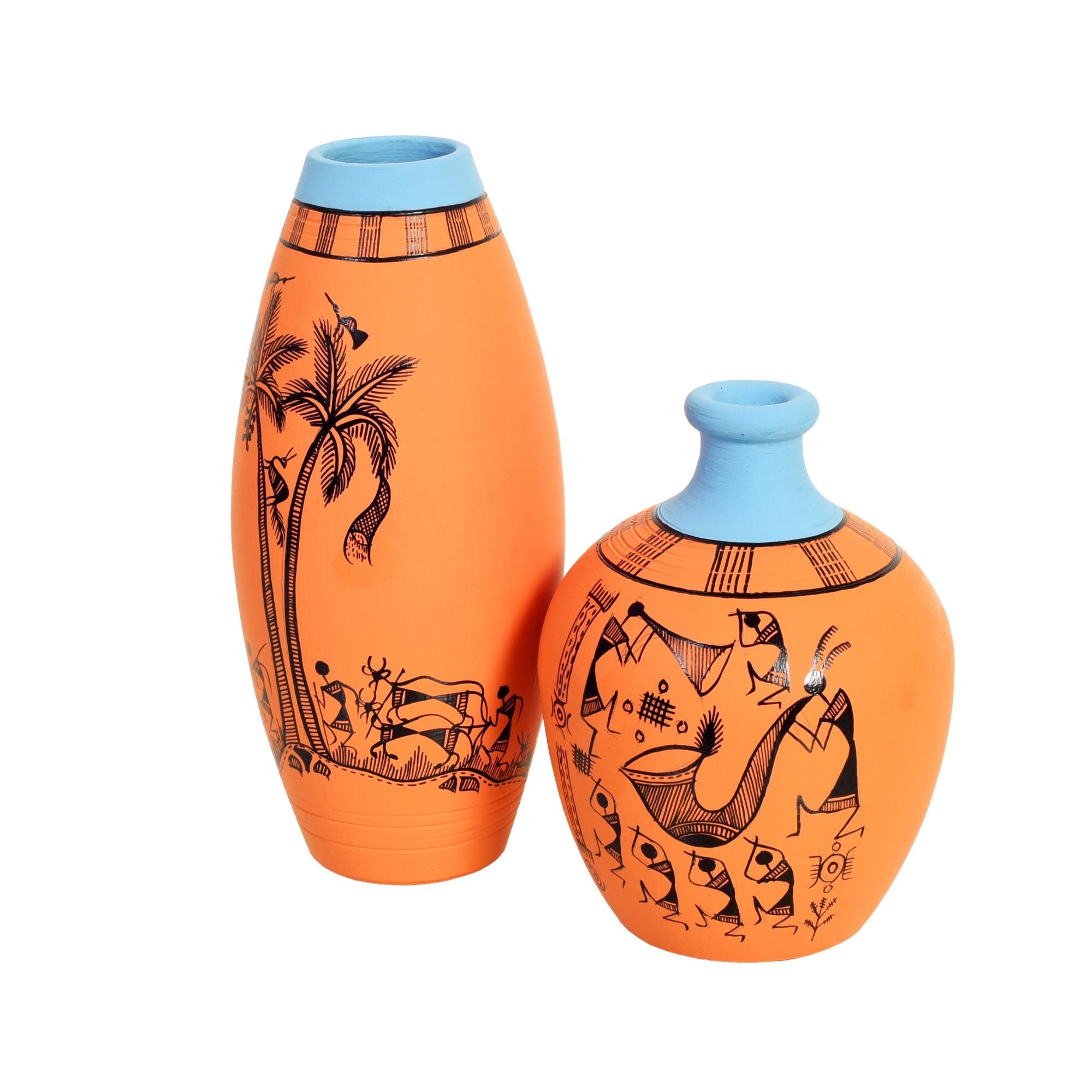 Desert Safari Terracotta Vase Set of 2, Handcrafted Warli Artdecor with Tribal Motifs
