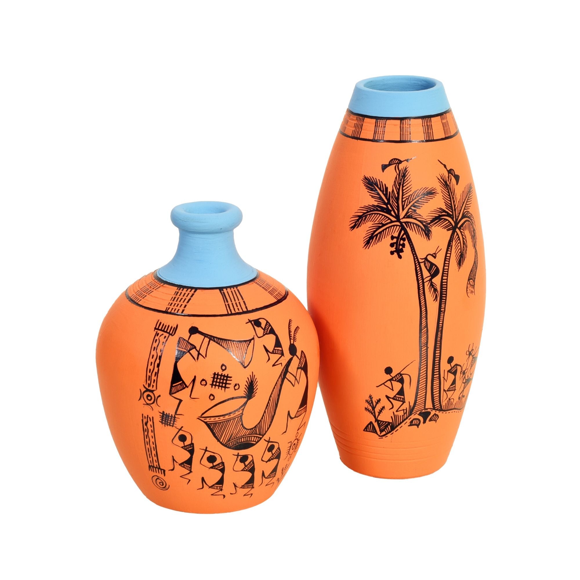 Desert Safari Terracotta Vase Set of 2, Handcrafted Warli Artdecor with Tribal Motifs