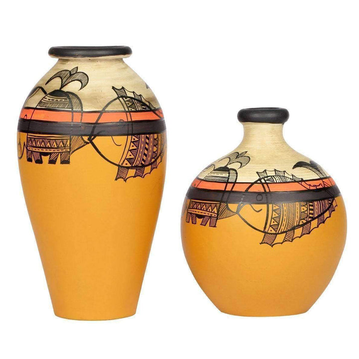 Vase Earthen Yellow Madhubani (Set of 2) (6.2x3/5x4)