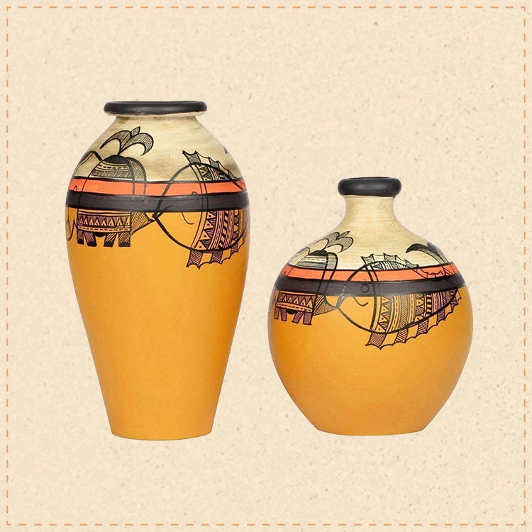 Vase Earthen Yellow Madhubani (Set of 2) (6.2x3/5x4)