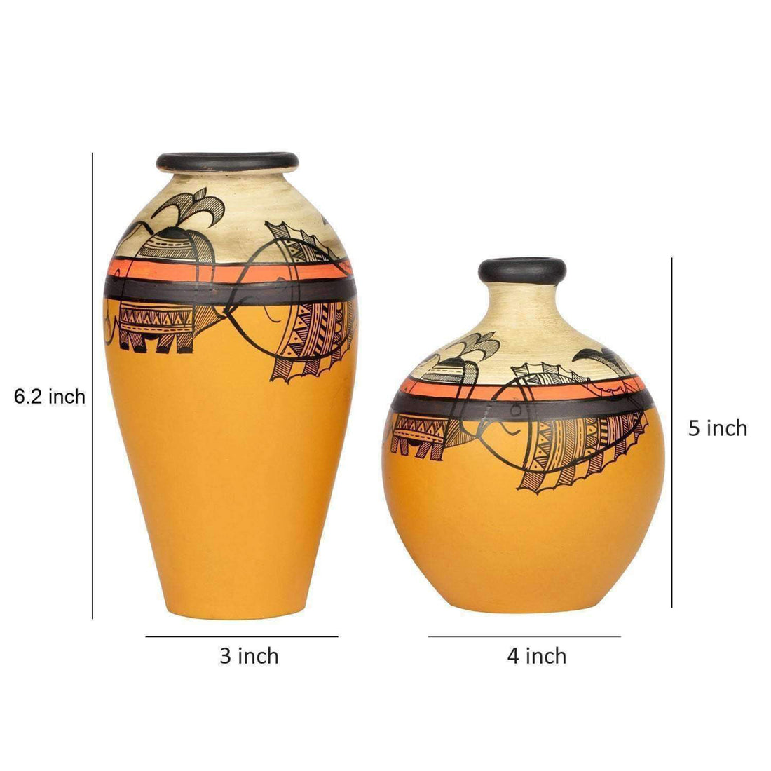 Vase Earthen Yellow Madhubani (Set of 2) (6.2x3/5x4)