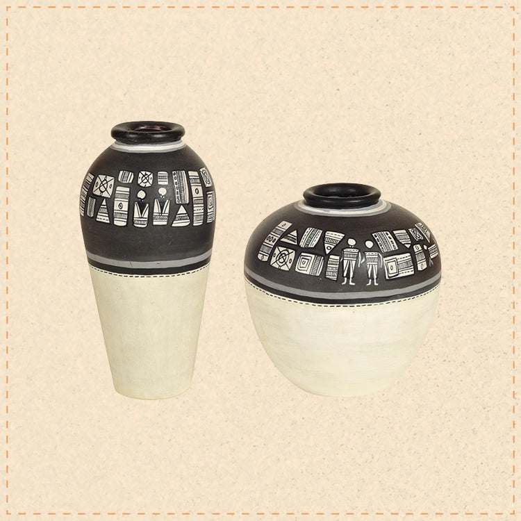 Vase Earthen Handcrafted Black & White Warli (Set of 2) (5x5/6x3)