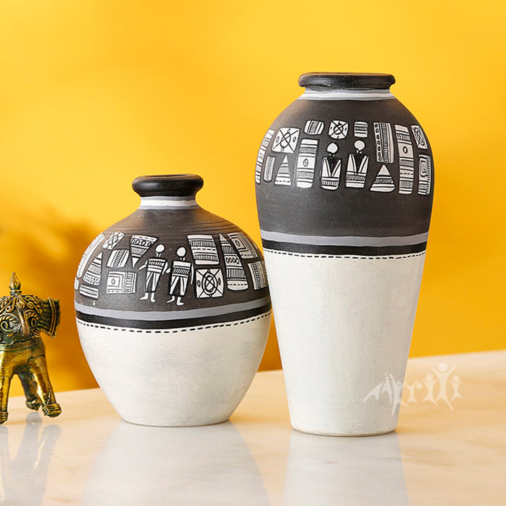 Vase Earthen Handcrafted Black & White Warli (Set of 2) (5x5/6x3)