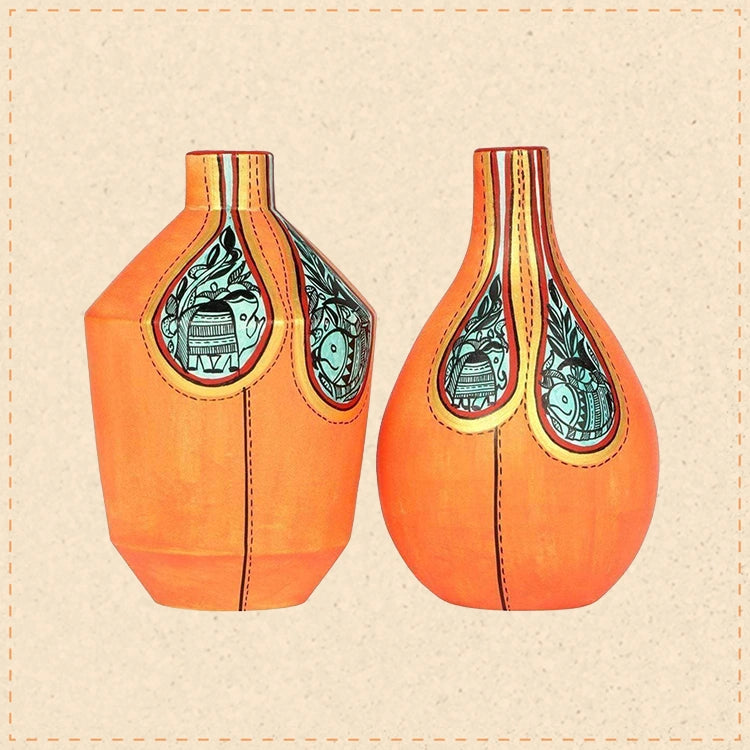Vase Earthen Handcrafted Orange Warli (Set of 2) (6.1x3.7/6.3x3.7)