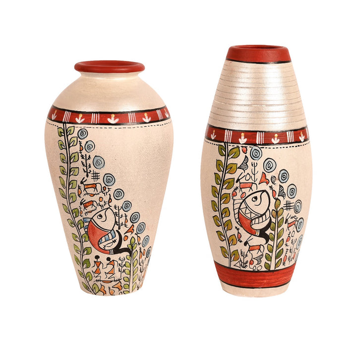 Vase Earthen White Madhubani (Set of 2) (6x3.4/6.4x3)