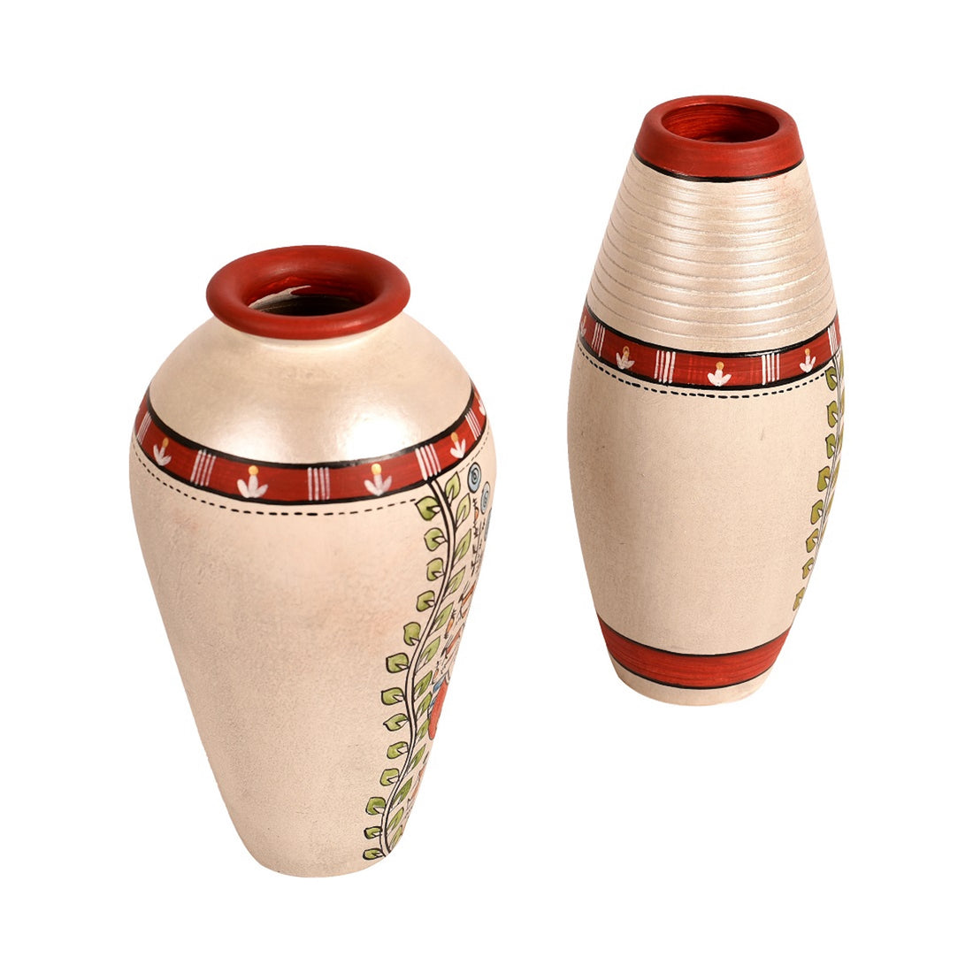 Vase Earthen White Madhubani (Set of 2) (6x3.4/6.4x3)