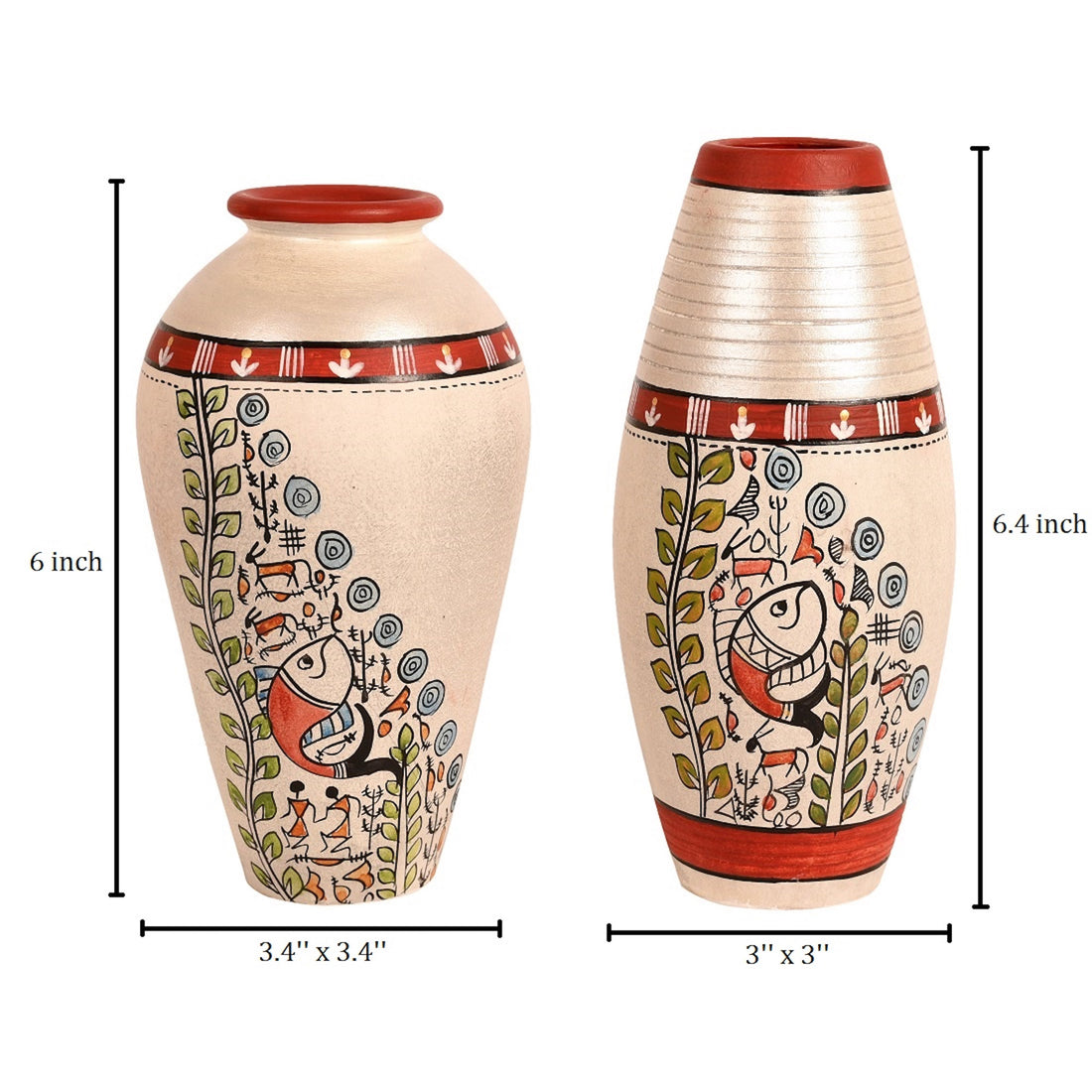 Vase Earthen White Madhubani (Set of 2) (6x3.4/6.4x3)