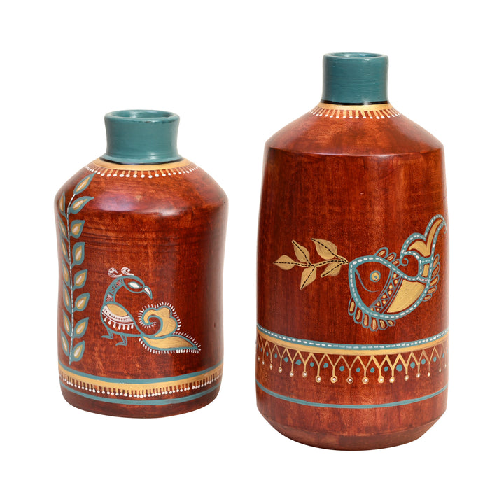 Rustic Red Madhubani Vase Set of 2 (10x5/7.5x4.5 Dia)