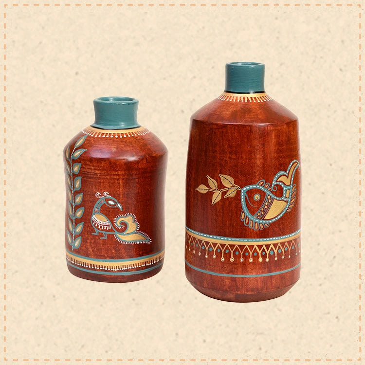 Rustic Red Madhubani Vase Set of 2 (10x5/7.5x4.5 Dia)