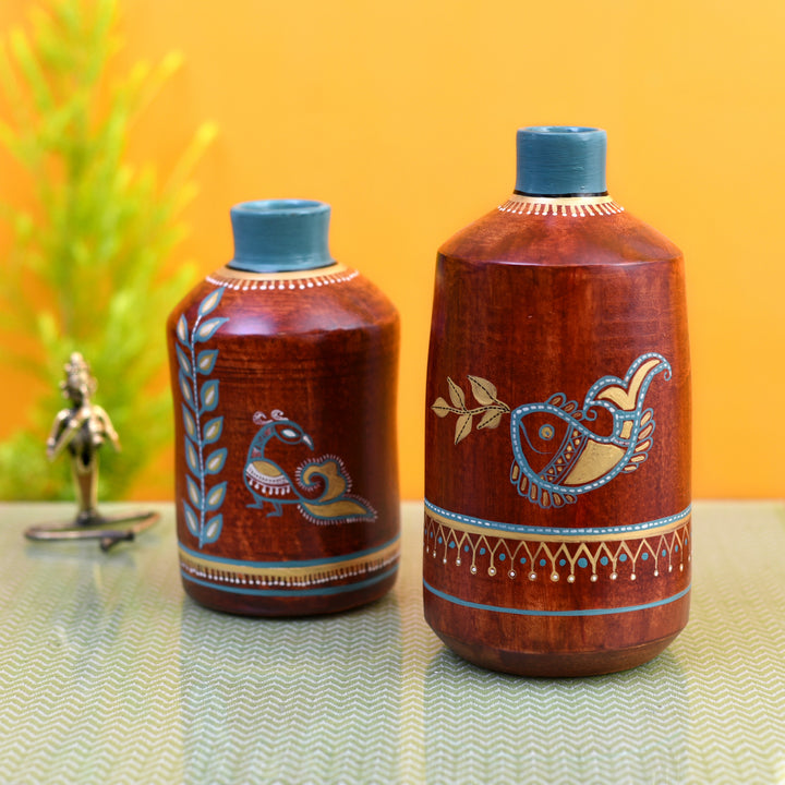 Rustic Red Madhubani Vase Set of 2 (10x5/7.5x4.5 Dia)