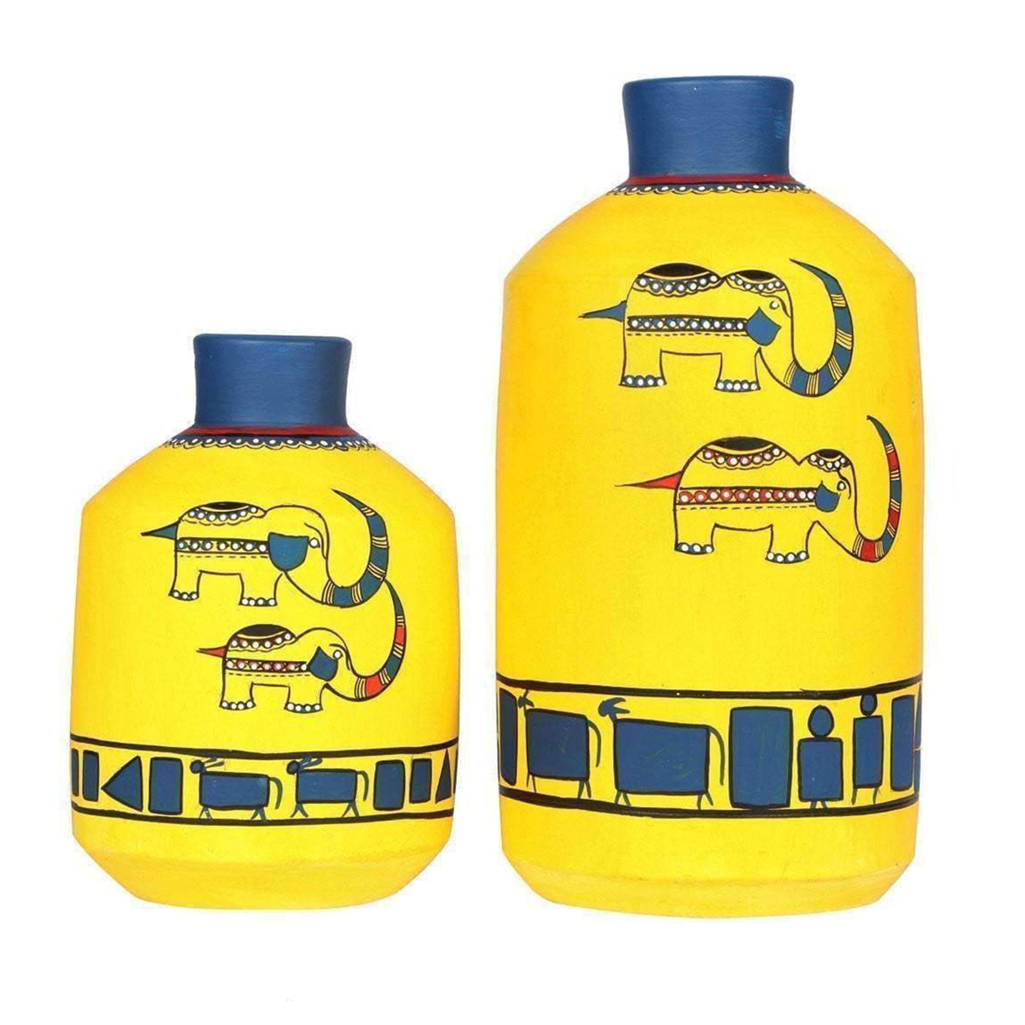Happy Elephants Madhubani Yellow Vases(Set of 2) (6.7x4.2/9.8x4.8)