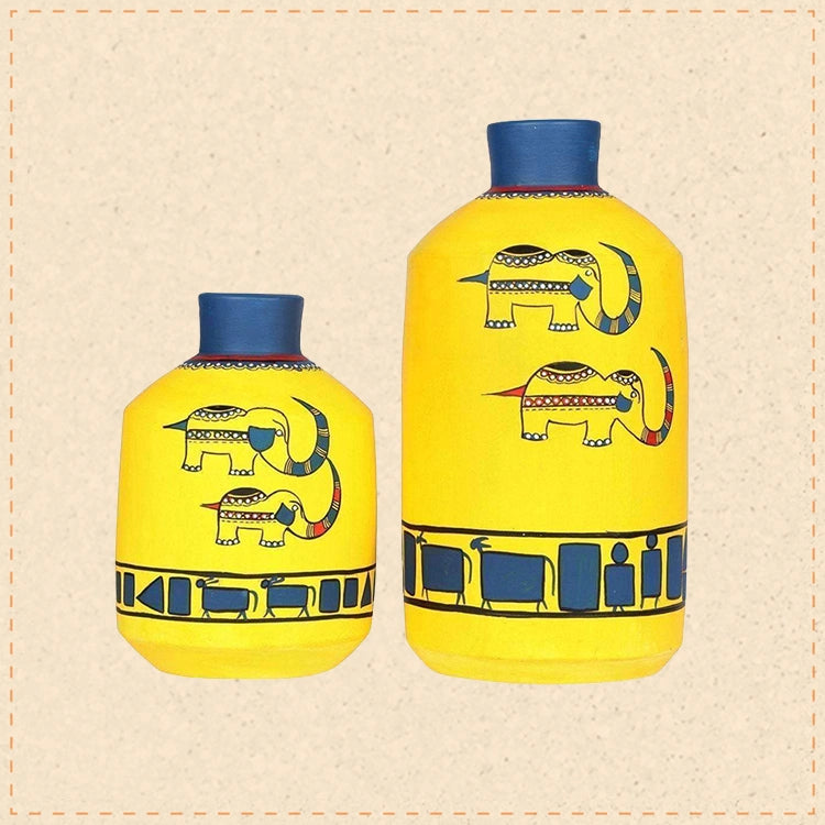 Happy Elephants Madhubani Yellow Vases(Set of 2) (6.7x4.2/9.8x4.8)