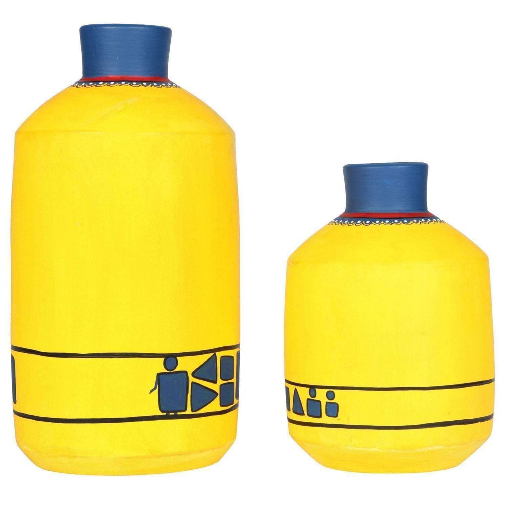 Happy Elephants Madhubani Yellow Vases(Set of 2) (6.7x4.2/9.8x4.8)