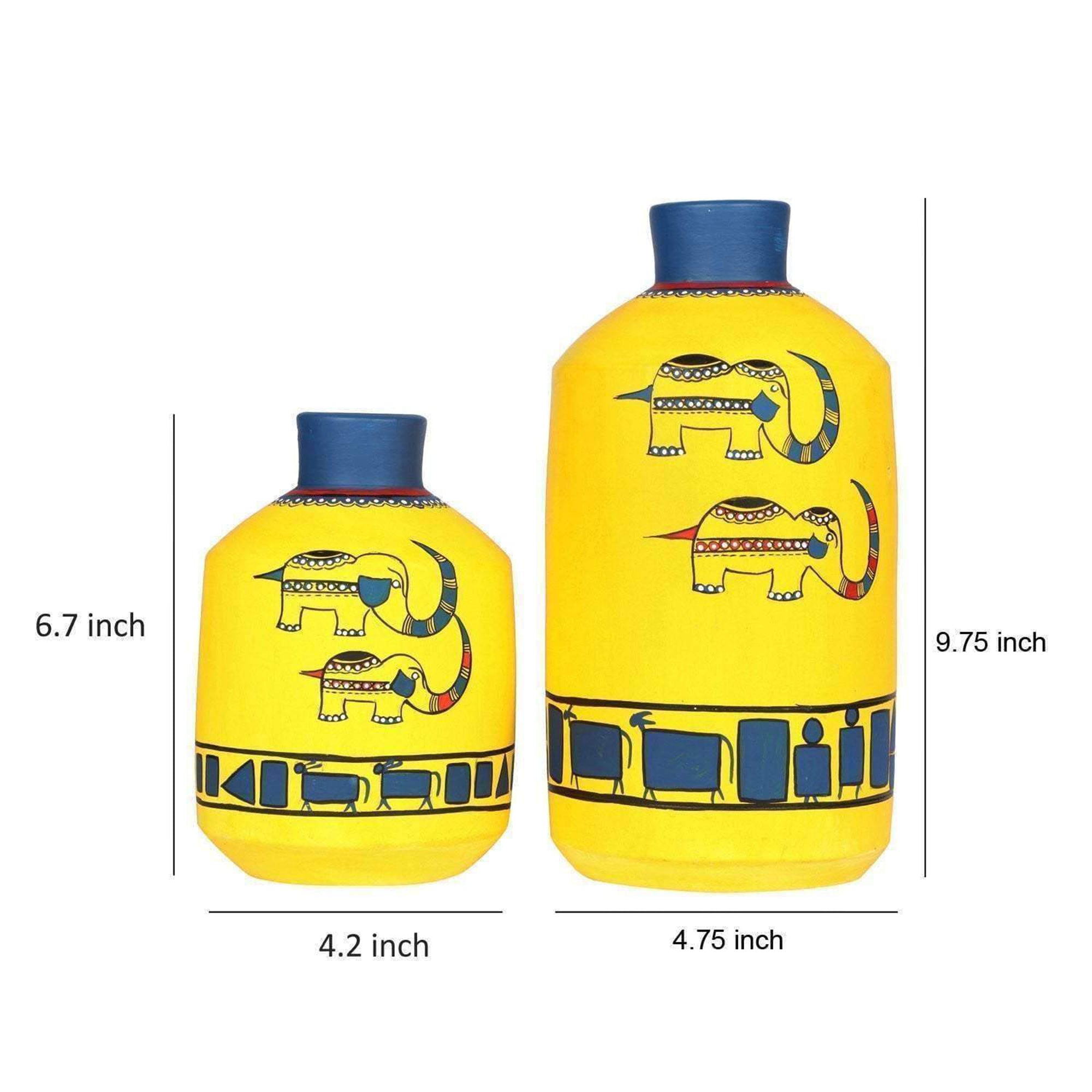 Happy Elephants Madhubani Yellow Vases(Set of 2) (6.7x4.2/9.8x4.8)