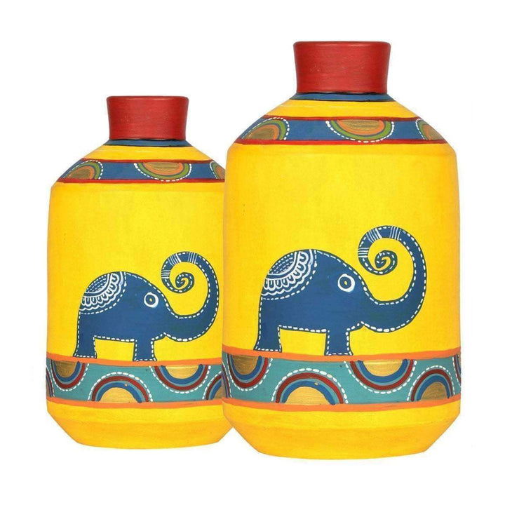 Happy Elephants Madhubani Yellow Vases(Set of 2) (8x4.6/10x5.4)