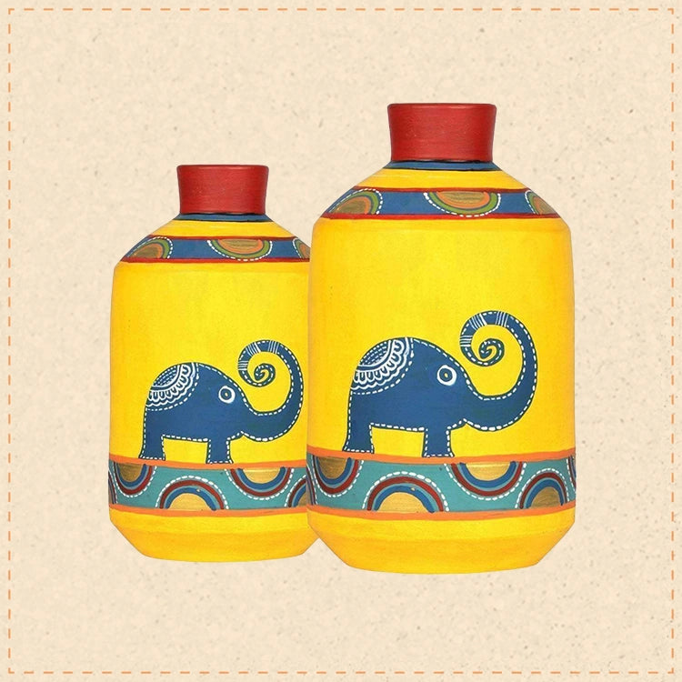 Happy Elephants Madhubani Yellow Vases(Set of 2) (8x4.6/10x5.4)