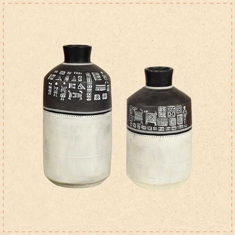 Earthen Vases Handpainted with Warli Motifs
