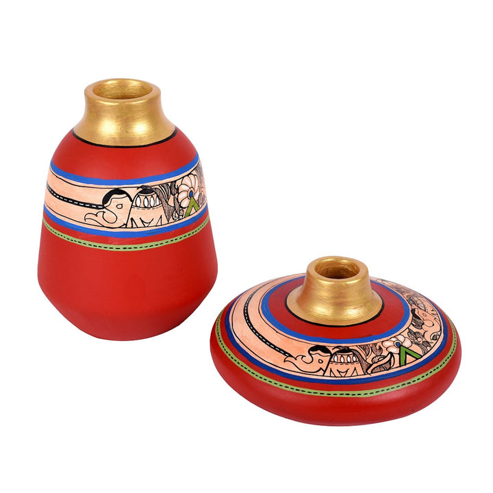 Vase Earthen Red Madhubani (Set of 2) (3.5x6.5/6.5x5.5)